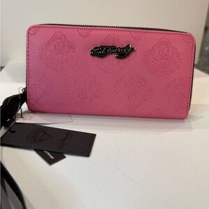NWT Ed Hardy Embossed Pink Long Zipper Wallet and Wristlet